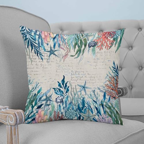 Coastal Green Seaweed Pillow Covers 20x20 Set of 2, Summer Beach Coral