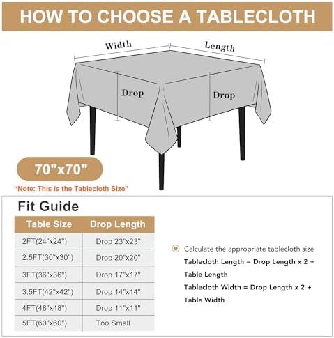 sancua Square Tablecloth, 70 x 70 Inch Table Cloth, Light Grey