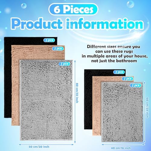 6 Pcs Chenille Bathroom Rugs Non Slip Bath Mats Set, Camel, Grey
