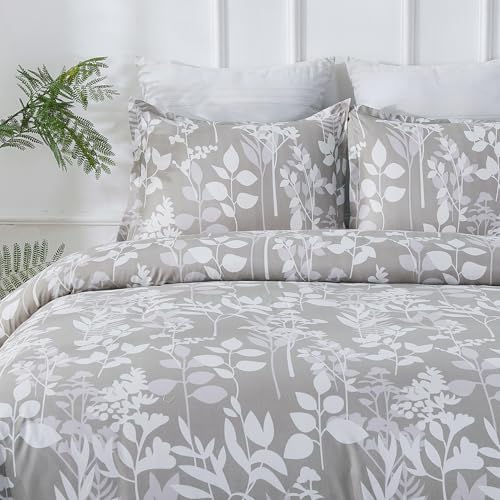 Vaulia Microfiber Duvet Cover Set Queen, Grey Botanical