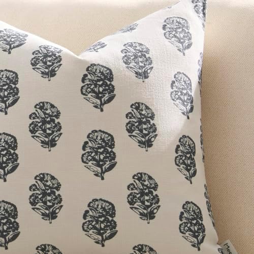 Meekio Floral Block Print Pillow Covers 18x18 Set of 2, Gray and White