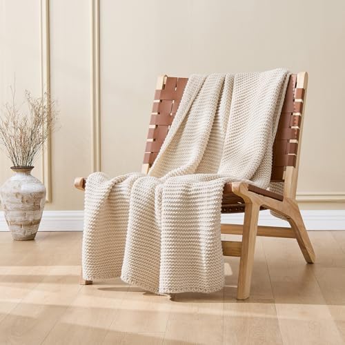 Beige Throw Blanket, Garter Knit, 50" x 60", Ivory Beige