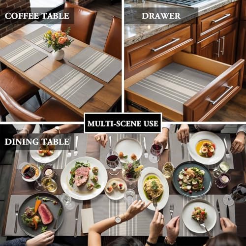 Placemats Set of 6, Beige Striped Cotton Linen Place Mats, Grey