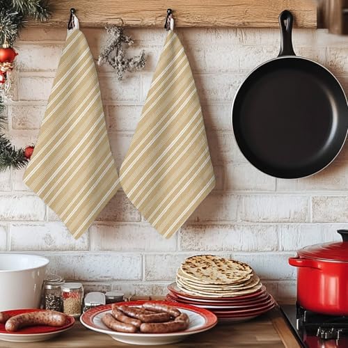 Brown Beige Striped Kitchen Towels Set of 3, Absorbent Dish Towels for