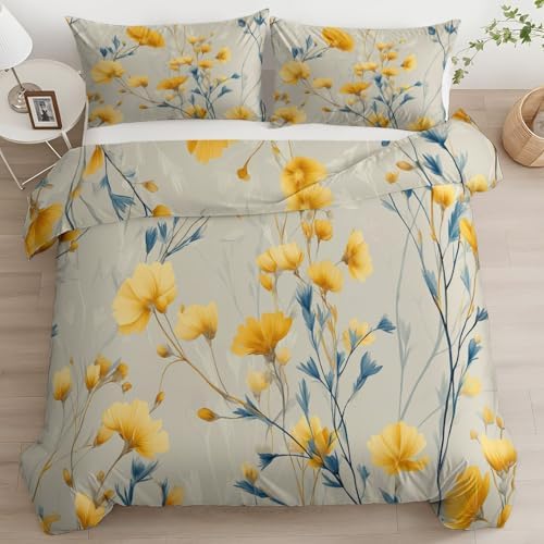 Plant Wildflowers Duvet Cover King, Minimalism Bedding Set 3 Piece