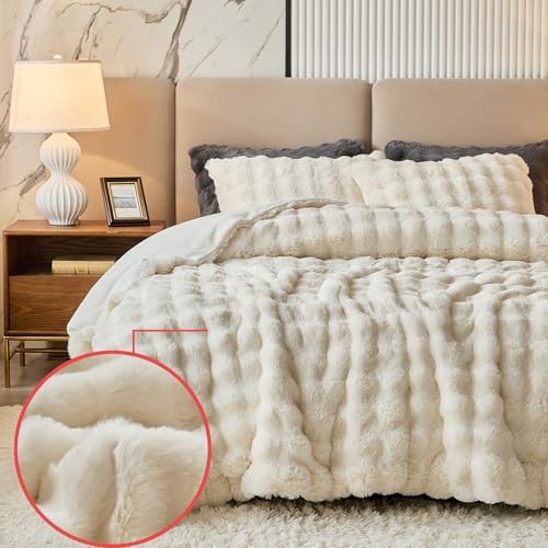 King Faux Rabbit Fur Comforter Set - 3 Pieces Fluffy Bedding Set Ultra