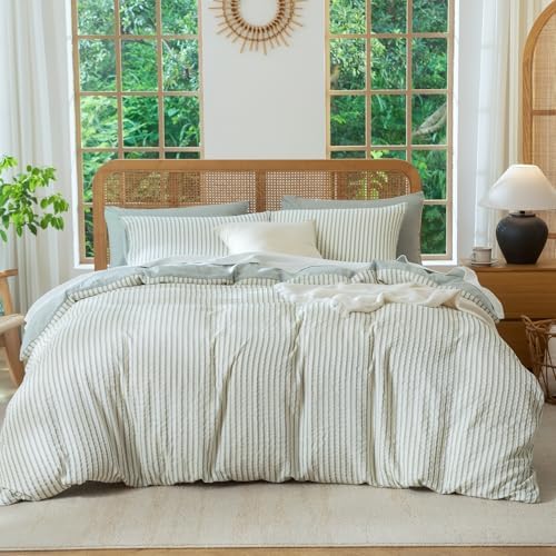 Duvet Cover Set King Striped Sage Green, 100% Washed Microfiber