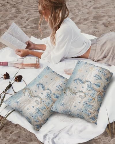 Outdoor Throw Pillow Waterproof Pillows, Summer Ocean Seahorse Coral