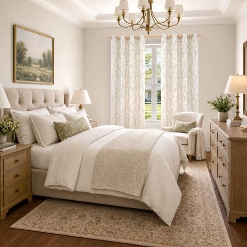 LAMIT Beige Leaf Pattern Linen Curtains 84 Inch Length for Living Room