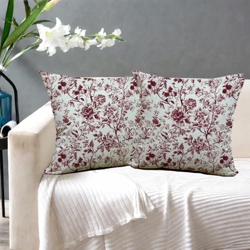 Spring Vintage Burgundy Red Floral Throw Pillow Covers 18x18 Set of 2