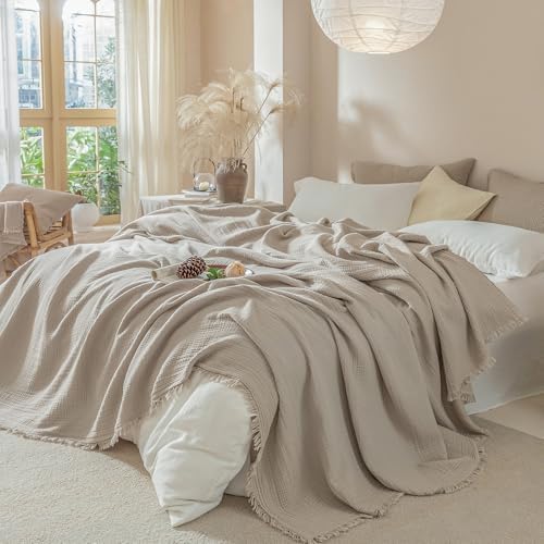Muslin Fringe Blankets for Adults: 100% Cotton Cloud Soft Queen