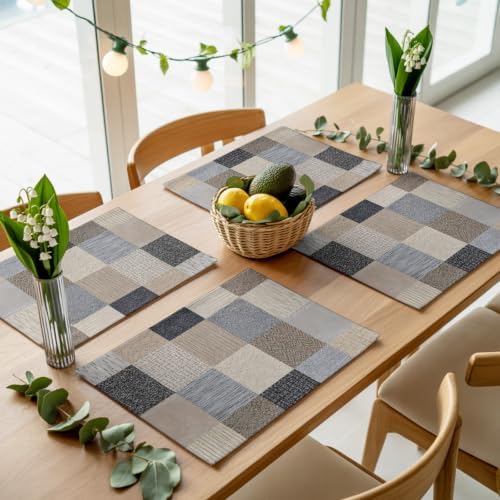 Khaki Grey Woven Placemats Set of 8, Modern Minimalist Patchwork Linen