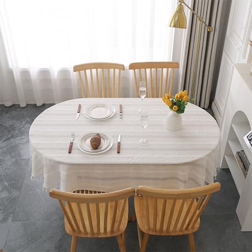Gernaice Rustic Stripe Embroidered Oval Tablecloth Heavy Tassel Cotton