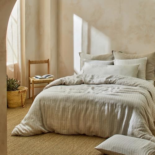 mixinni 3 Piece Striped Duvet Cover Set, Neutral Washed Cotton Linen