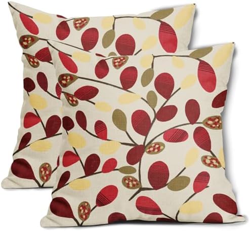 Boho Red and Cream Leaf Throw Pillow Covers 18x18 Inch Set of 2 Wine