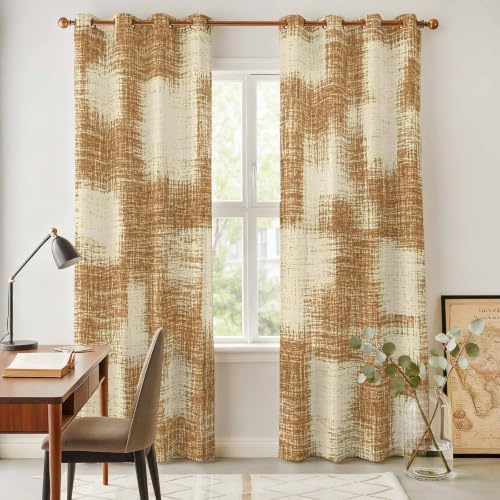 Brown Patchwork Window Curtains Panels with Silver Grommet,Farmhouse