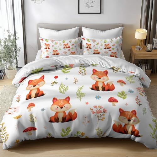 King Duvet Cover Set Soft Microfiber Cartoon Forest White