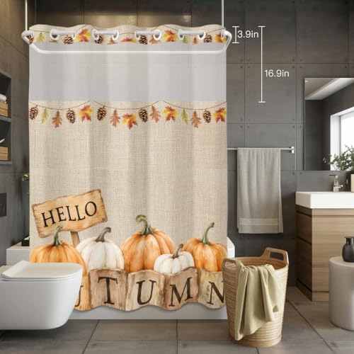 No Hook Hello Autumn Fall Shower Curtain with Snap in Liner Set, Beige