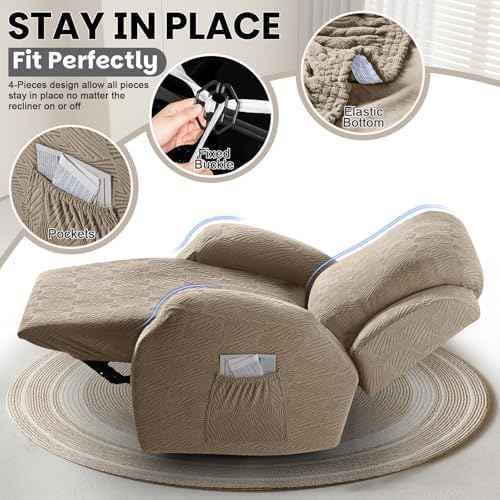 VANSOFY Stretch Recliner Chair Cover, 4-Piece, Khaki