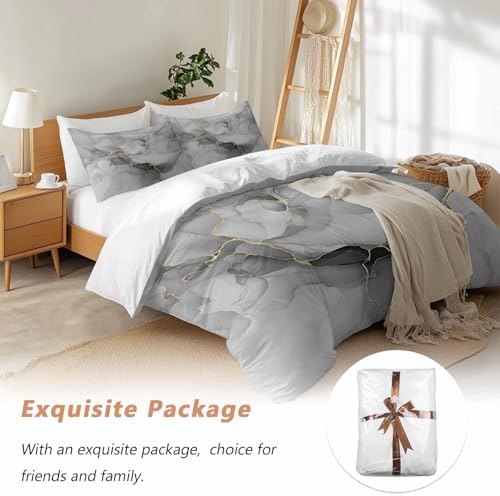 Grey Marble Bedding Queen Duvet Cover Set, 3 Piece Microfiber Soft