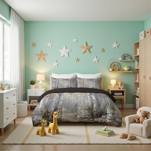 Light Gray Duvet Cover King Size Set - Soft Bedding with Birch Forest