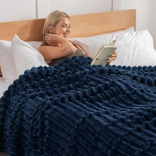 Exclusivo Mezcla Striped California King Fleece Bed Blanket, Navy Blue