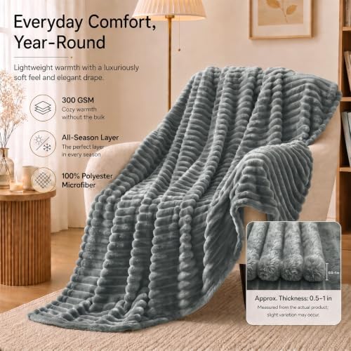 CozyLux Gray Twin Blanket for Bed, Ribbed Fleece, 60 x 80 Inch