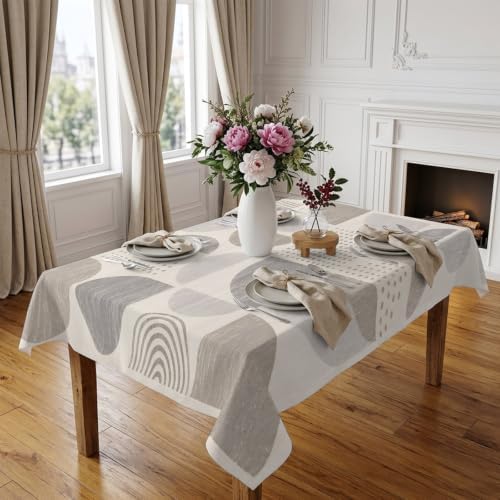 Beige Grey Ombre Geometric Table Cloth, Middle Century Vintage