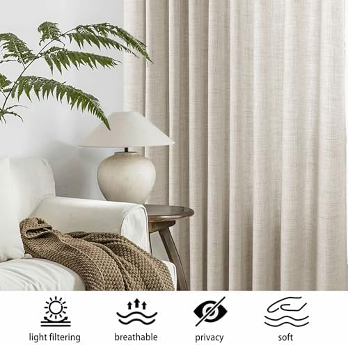 Extra Long Linen Curtains Light Filtering 100Wx120L Sand Beige 2 Panel