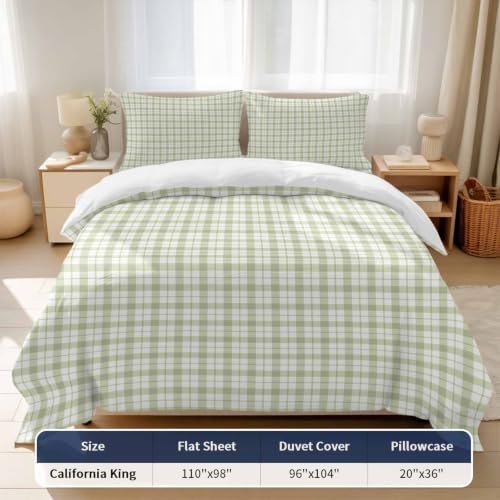 Green Plaid California King 4 Piece Duvet Cover Set, Classic Sage