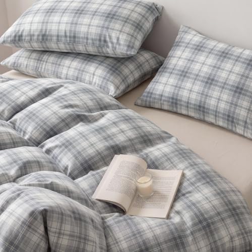 Plaid Duvet Cover Set Queen Size, 100% Cotton Duvet Cover Set, Gray