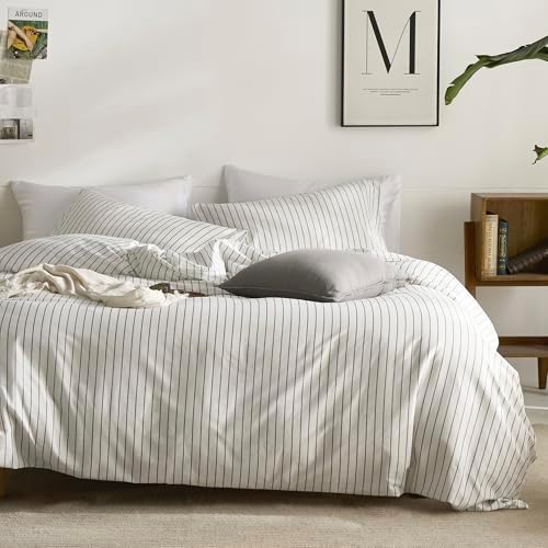 JELLYMONI 100% Cotton Vertical Stripe King Duvet Cover Set, Grey