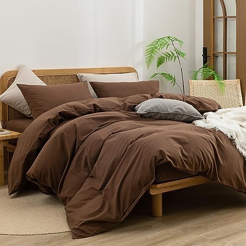 BESTOUCH Cotton Solid Duvet Cover Set Linen Feel Cocoa Brown King