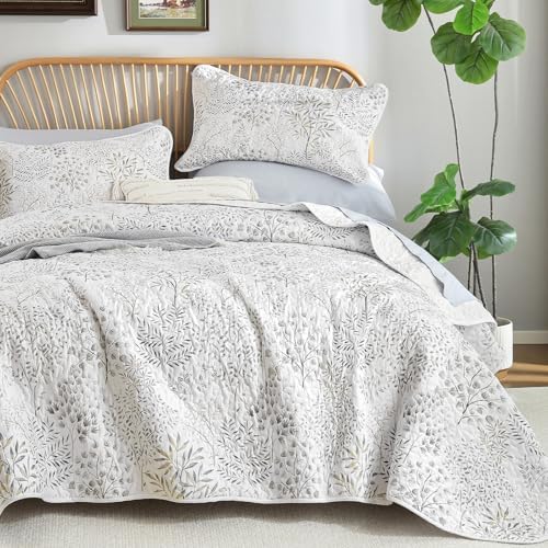 WONGS BEDDING Floral Quilt Set King, 3 Pcs White Grey Bedspread