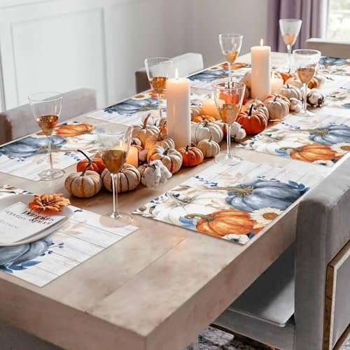 Placemats Set of 8, Fam Autumn Pumpkin Fall Leaves Washable Table Mats