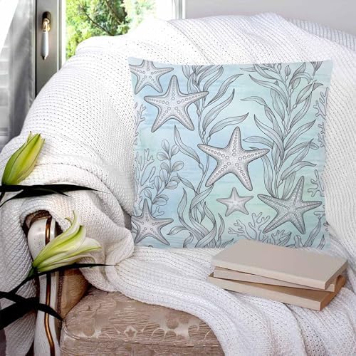 20x20 Pillow Covers Set of 2, Teal Blue Starfish Coastal Throw Pillow