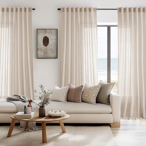ANRODUO Beige Semi Sheer Linen Blend Curtains 72 Inch Length 2 Panel