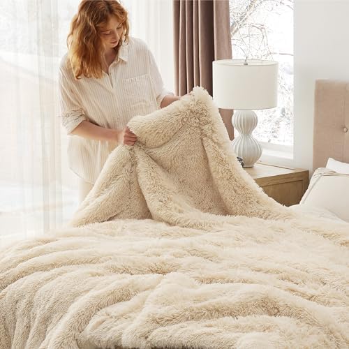 Bedsure Faux Fur Fluffy Sherpa Fleece King Bed Blanket Beige 108"x90"