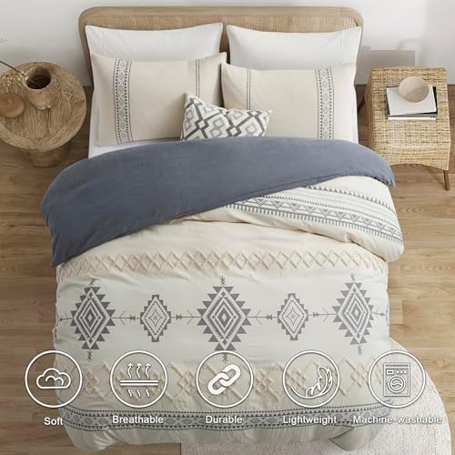 Oli Anderson Boho Duvet Cover Queen Size, Beige & Gray, 3 Pieces