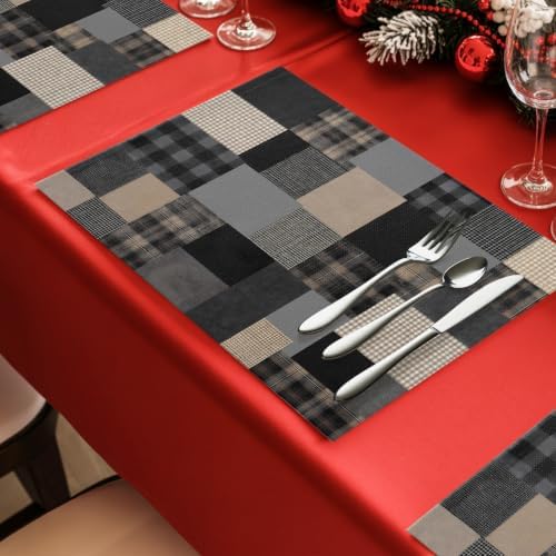 Gray Gingham Placemats Set of 8, Cotton Linen Fabric Place Mats