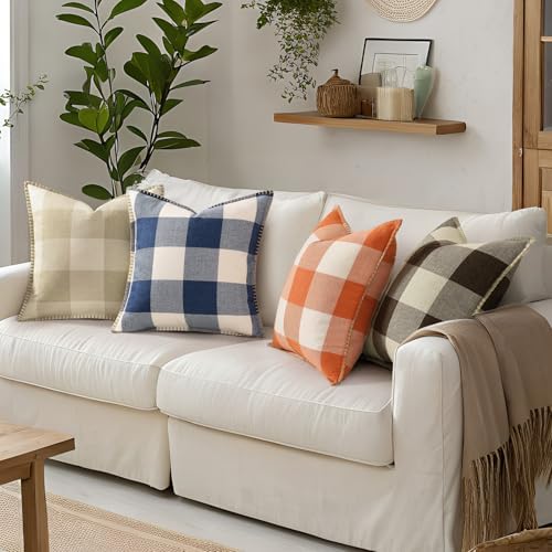 decorUhome Fall Plaid Linen Throw Pillow Covers 22x22 Set of 2 Navy