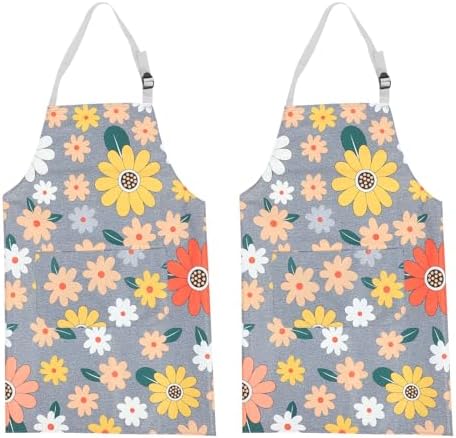 2pcs Cotton Linen Cooking Apron Set with Adjustable Belt and Pocket