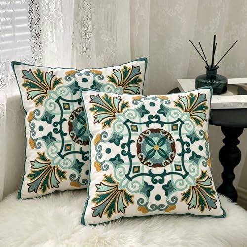 Set of 2 Embroidered Throw Pillow Covers 18x18 Inch, Boho Turquoise