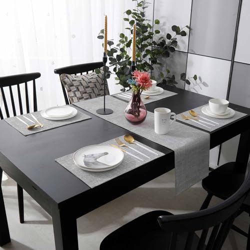 Grey Table Runner with Placemats Set of 6, Cotton Linen Kitchen Dining