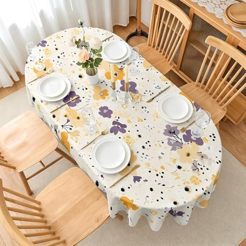 Small Floral Pattern Print Oval Table Cloth, Waterproof Duty Vinyl