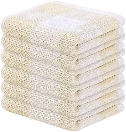 Homaxy 100% Cotton Check 6 Pack Dish Cloths, 12" x 12", White & Beige