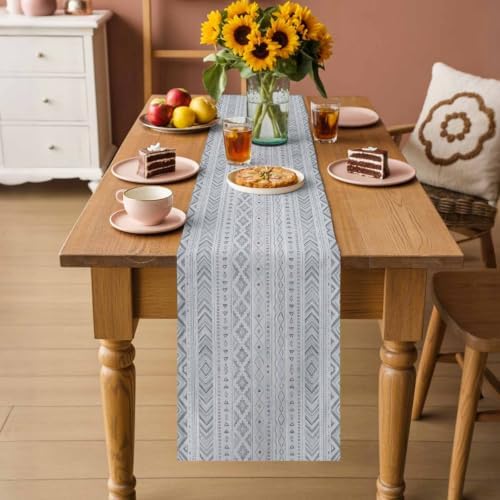 Slate Gray Boho Table Runner 108 Inches Long, Ethnic Tribe Warm