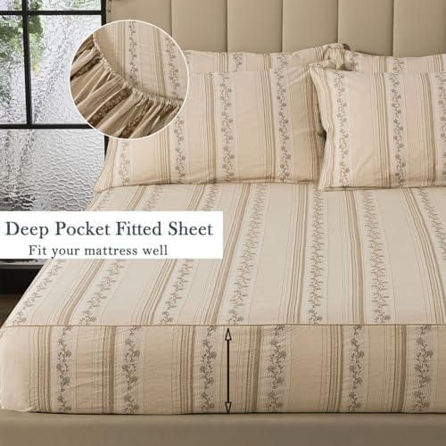 FADFAY 100% Cotton Full Bed Sheet Set 4-Piece, Woven Jacquard Floral