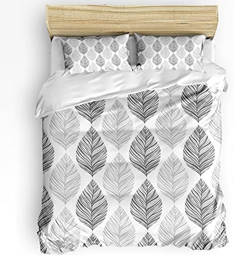 Duvet Cover Set Queen, Seamless Grey Leaves Texture 3 Piece Bedding