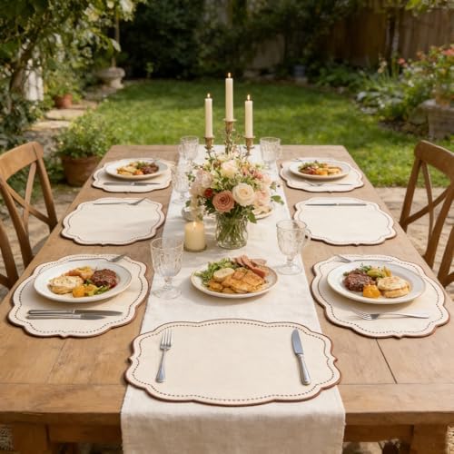 Cotton Linen Placemats Set of 4 - Double Layered, Luxury Scalloped